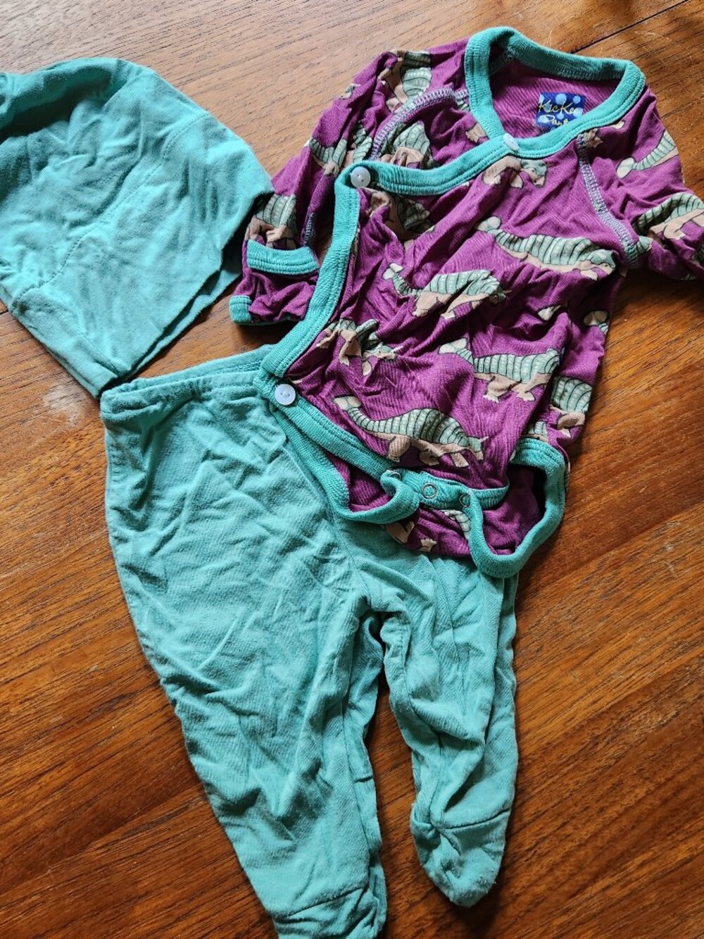 KicKee Pants Bamboo Newborn onesie pants and hat set / armadillo print